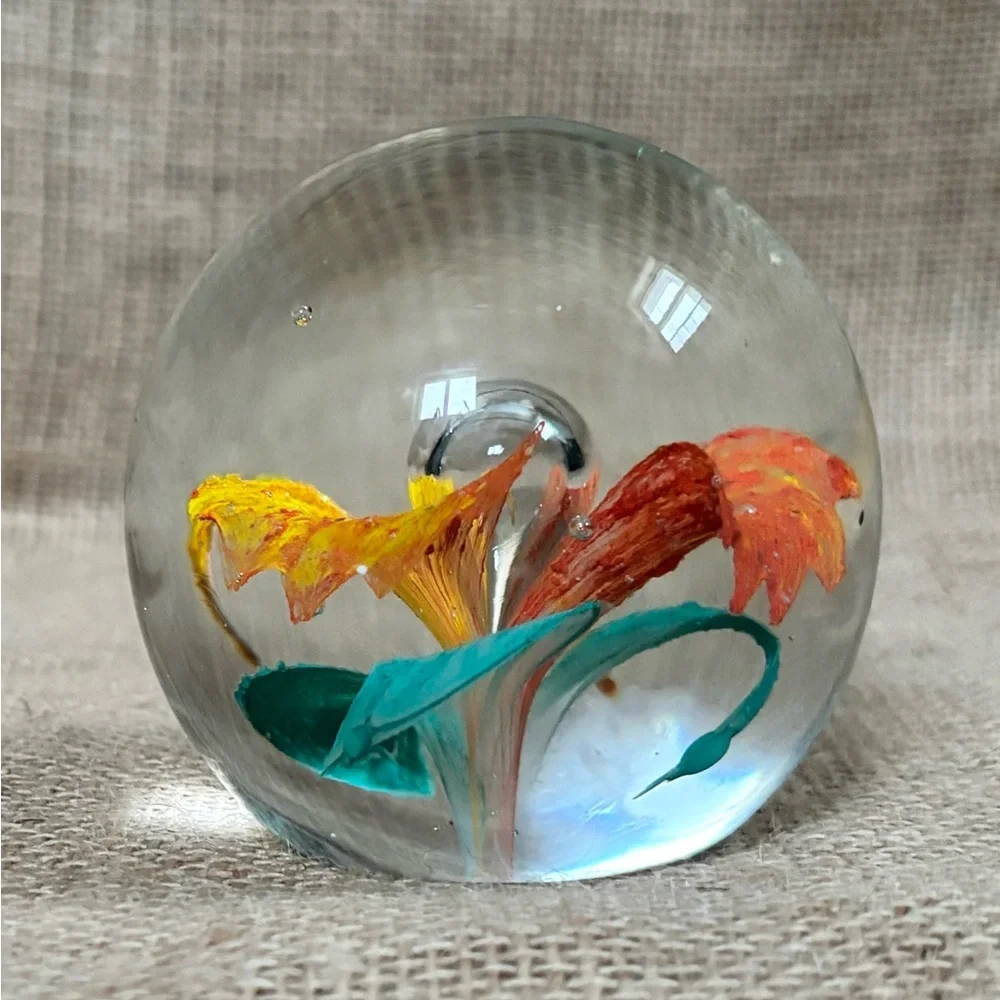 Vintage Orange Flower Art Glass Paperweight Round Dome Tropical Beach Boho